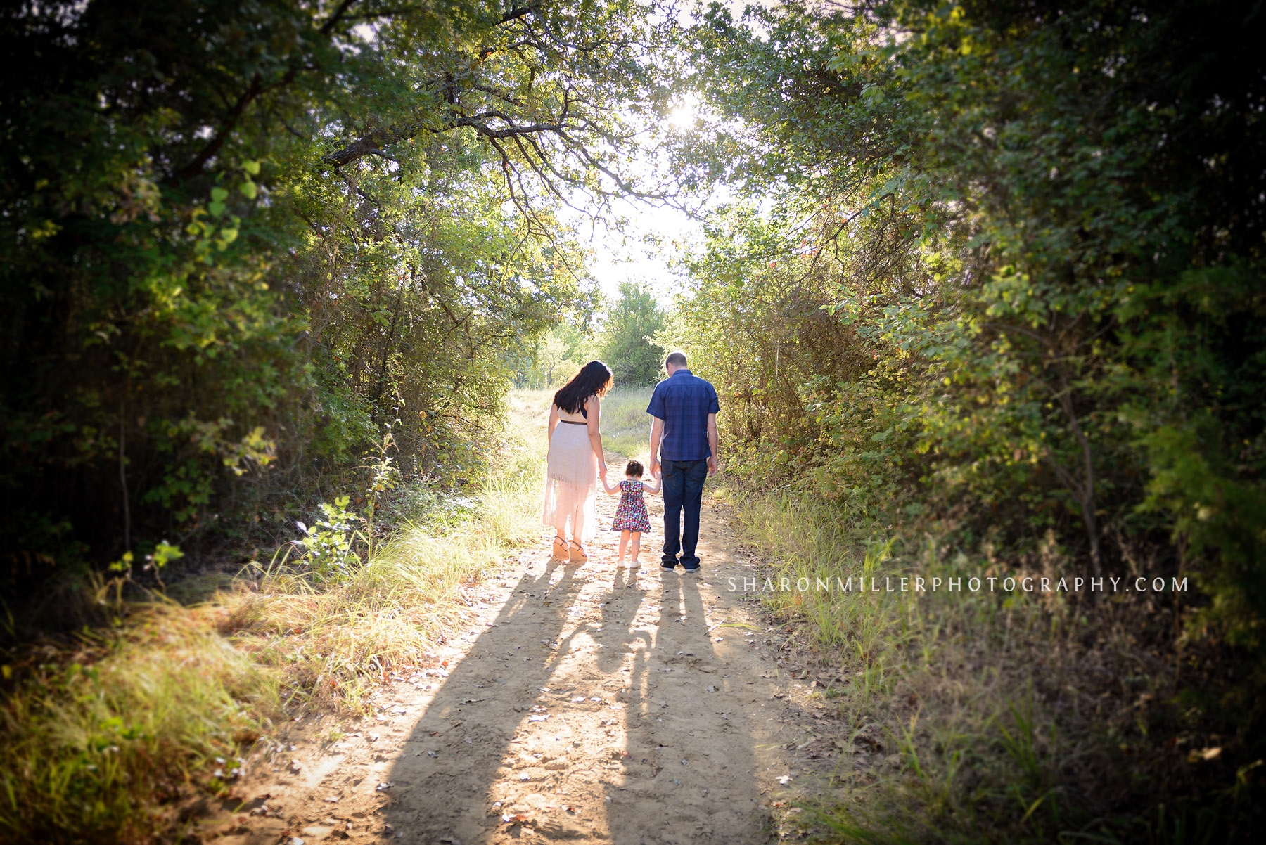 family maternity photo of family walking down a path in the woods with shadow silhouette