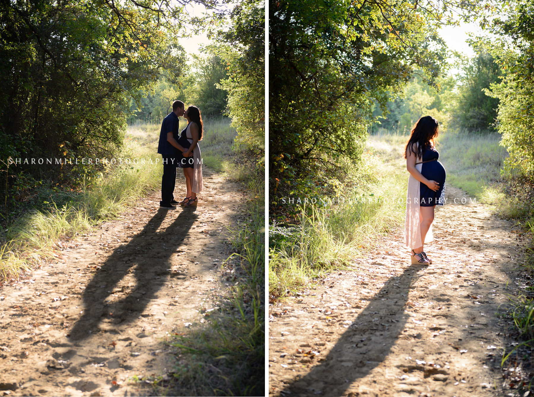 outdoor maternity photo with near silhouette of couple kissing with shadow silhouette