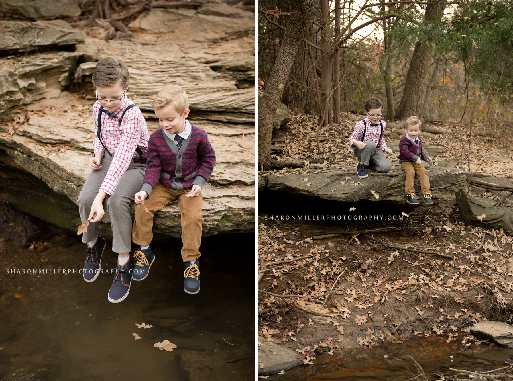 boys playing in the leaves during a photo session at Stone Creek in Flower Mound by photographer Sharon Miller