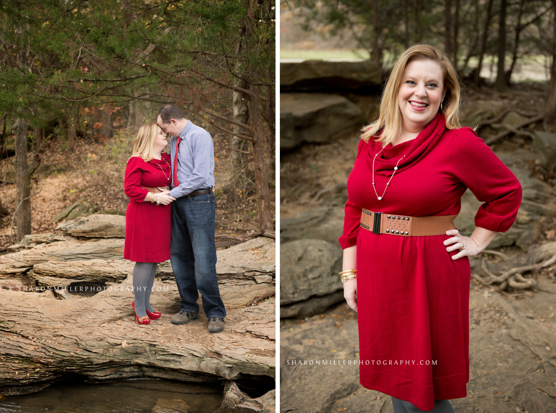 woman wearing stylish red sweater dress for portrait at Stone Creek in Flower Mound